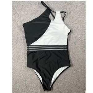 One Shoulder One Piece Swimsuit Black White Mesh Stripe Accent Women's XL
